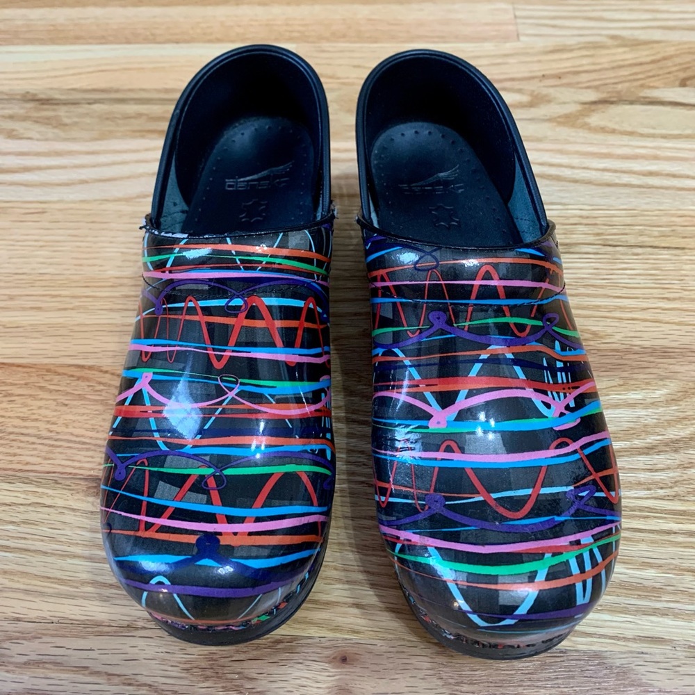 Dansko Black Clogs with Colorful Stripes